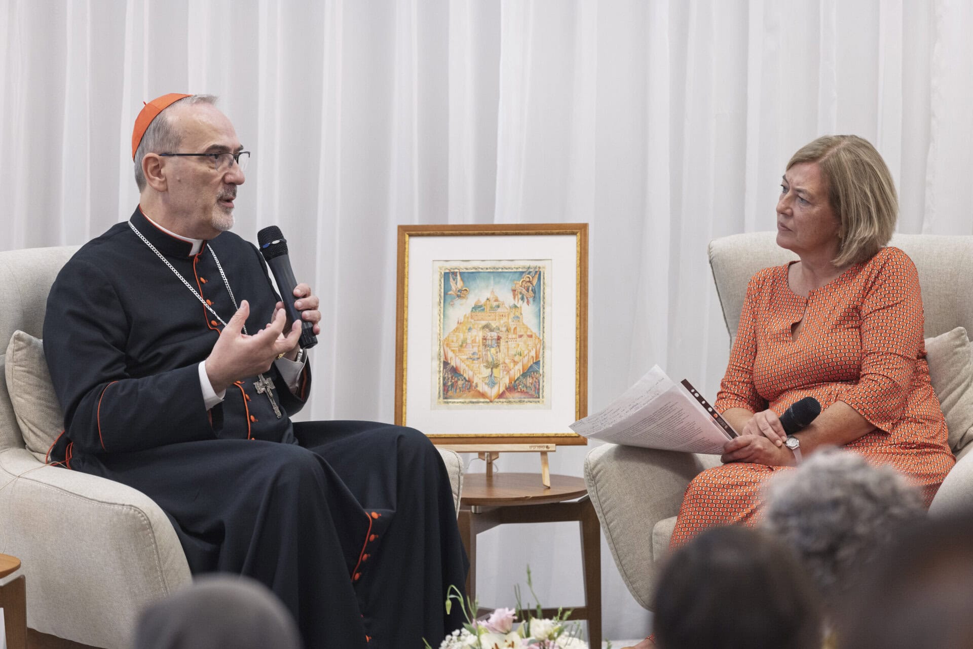 H.B. Cardinal Pizzaballa in conversation with Buzzetti at the Within Your Gates launch event, Jerusalem, September 2026